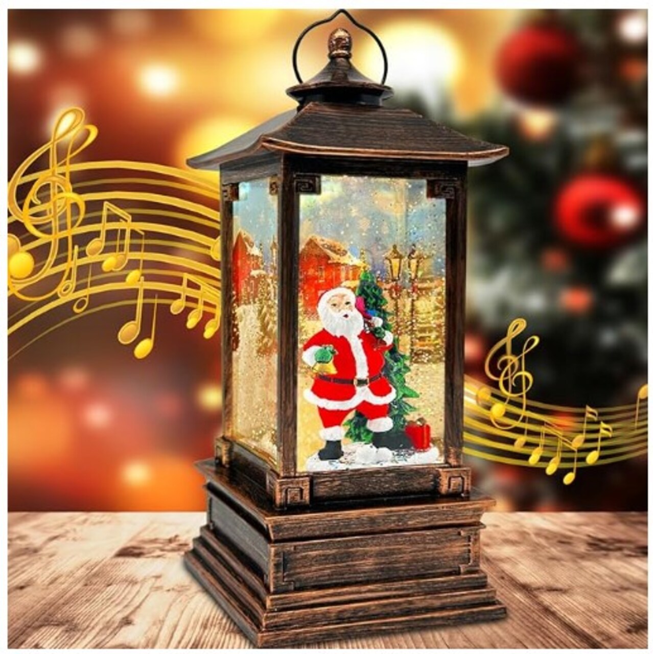 Lantern with Lighted Christmas Snow Globe Swirling Glitter Santa Claus Musical Snow Globe with 8 Songs and Timer USB/Battery Operated